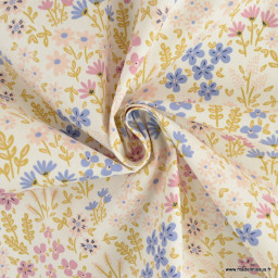 Tissu coton Enduit motifs fleurs roses et bleues vintage fond ecru