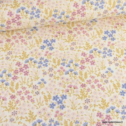 Tissu coton Enduit motifs fleurs roses et bleues vintage fond ecru