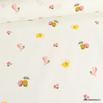 Tissu coton Enduit motifs fruits citrons, poires, pêches, cerises fond blanc - Poppy