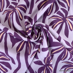 Tissu Viscose motif palmiers exotiques fond purple