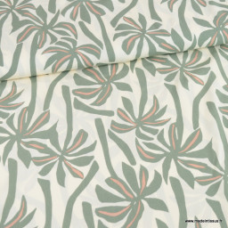 Tissu Viscose motif palmiers exotiques fond beige et vert