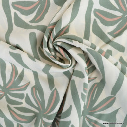 Tissu Viscose motif palmiers exotiques fond beige et vert