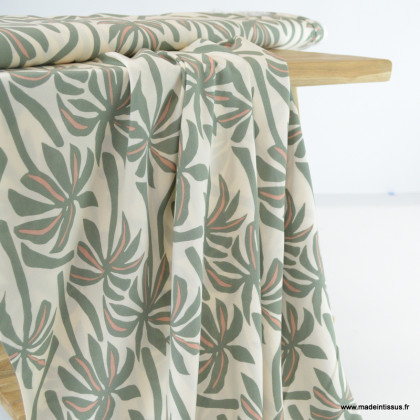 Tissu Viscose motif palmiers exotiques fond beige et vert