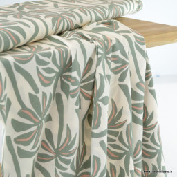 Tissu Viscose motif palmiers exotiques fond beige et vert