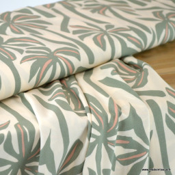 Tissu Viscose motif palmiers exotiques fond beige et vert