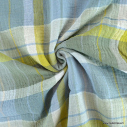 Tissu Double gaze à carreaux type madras vert, bleu et jaune - oeko tex