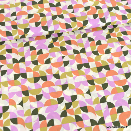 Popeline de coton motif géométrique vert et lilas - oeko tex