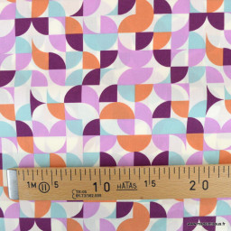 Popeline de coton motif géométrique Aubergine, orange et lilas - oeko tex