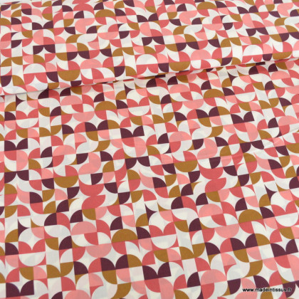 Popeline de coton motif géométrique Aubergine et ocre - oeko tex