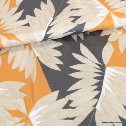 Tissu Satin de viscose motif feuilles exotiques grises et ocre