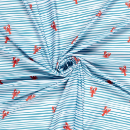 Tissu maillot de bain - Rayures et crabes bleu et rouge - oeko tex