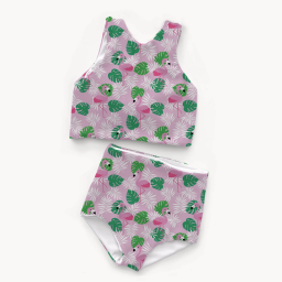 Tissu maillot de bain - flamants roses et feuilles vertes - oeko tex