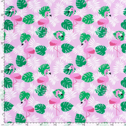 Tissu maillot de bain - flamants roses et feuilles vertes - oeko tex