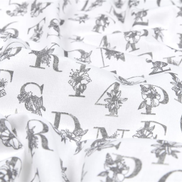 Tissu cretonne Effet broderie lettres Alphabétiques grises fond blanc - oeko tex