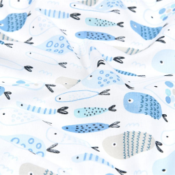 Tissu coton Pelochon motif animaux marins poissons bleus fond blanc