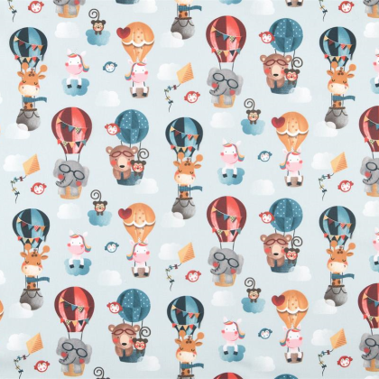 Tissu coton Baby motif animaux et montgolfières fond ciel - Oeko tex