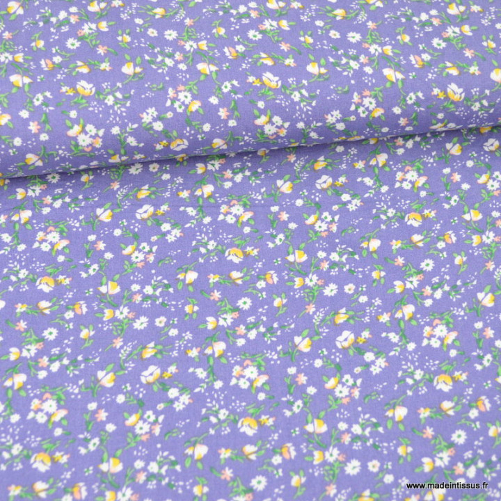 Tissu popeline de Viscose motif fleurs fond mauve