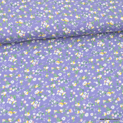 Tissu popeline de Viscose motif fleurs fond mauve