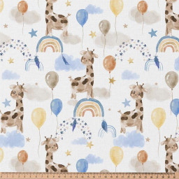 Tissu cretonne coton Sophie motifs girafes, arc en ciel et ballons fond blanc - oeko tex