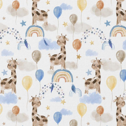 Tissu cretonne coton Sophie motifs girafes, arc en ciel et ballons fond blanc - oeko tex