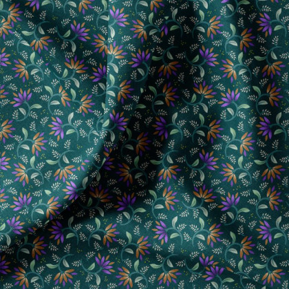 Tissu cretonne coton Aitana motifs fleurs violet fond vert - oeko tex