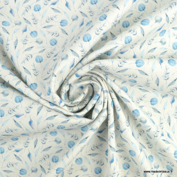 Tissu Popeline Bio motif feuillage bleu fond blanc cassé - oeko tex 