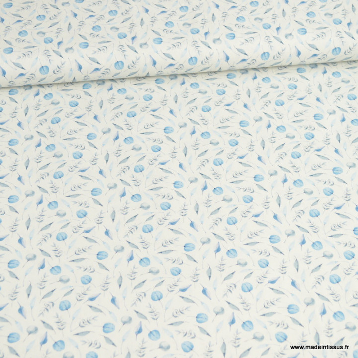 Tissu Popeline Bio motif feuillage bleu fond blanc cassé - oeko tex 