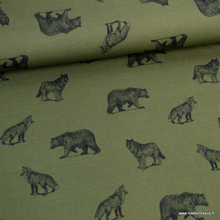 Tissu Jersey motifs ours et loups fond kaki - Oeko tex