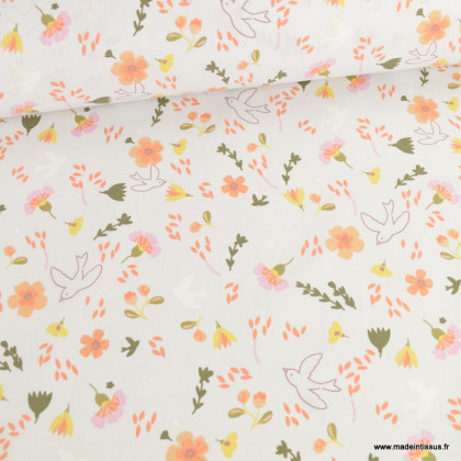 Tissu coton Baya motif oiseaux et fleurs fond gris clair - oeko tex
