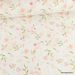 Tissu Coton Pretty motif oiseaux et fleurs rose fond blanc - oeko tex