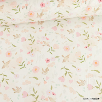 Tissu Coton Pretty motif oiseaux et fleurs rose fond blanc - oeko tex