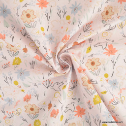 Tissu Coton Nadège motif fleurs et oiseaux fond rose pétale - oeko tex