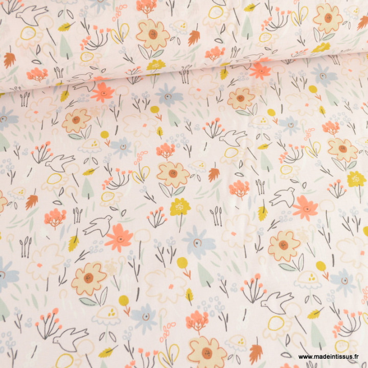 Tissu Coton Nadège motif fleurs et oiseaux fond rose pétale - oeko tex