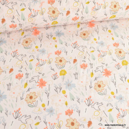 Tissu Coton Nadège motif fleurs et oiseaux fond rose pétale - oeko tex