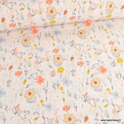 Tissu Coton Nadège motif fleurs et oiseaux fond rose pétale - oeko tex