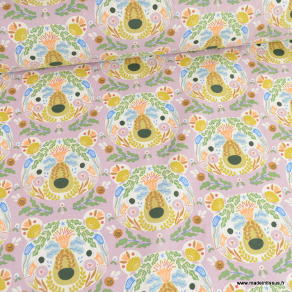 Tissu Coton Byrnisson motif têtes d'ours Lilas et vert - oeko tex
