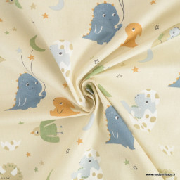 Tissu coton Amagara imprimé Dinosaures fond beige - Oeko tex