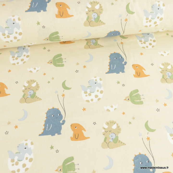 Tissu coton Amagara imprimé Dinosaures fond beige - Oeko tex