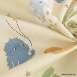 Tissu coton Amagara imprimé Dinosaures fond beige - Oeko tex