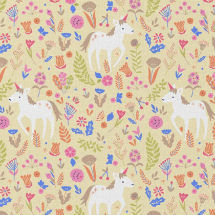 Tissu coton imprimé Licornes et fleurs fond jaune clair - Oeko tex