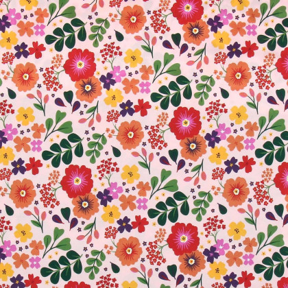 Tissu jersey Dorie motifs fleurs rose et orange - oeko tex