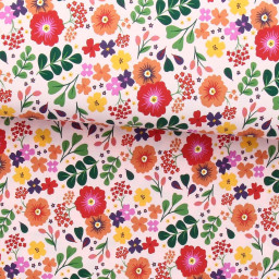 Tissu jersey Dorie motifs fleurs rose et orange - oeko tex