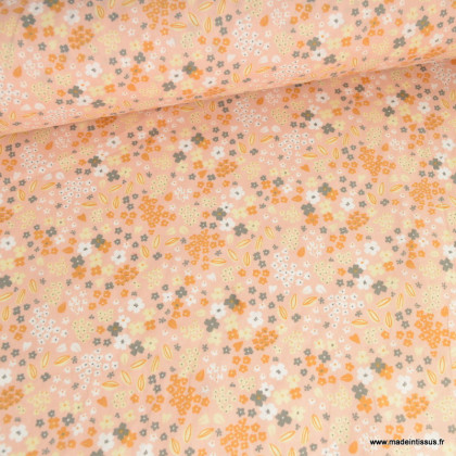 Tissu coton Enduit Doaby motif fleurs rose et camel
