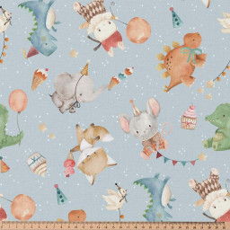 Tissu coton Fiesta motif elephants, dinosaures et renards fond bleu - oeko tex