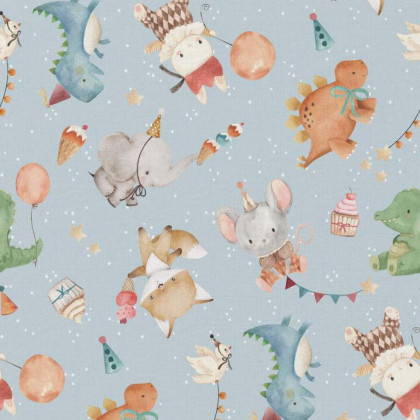 Tissu coton Fiesta motif elephants, dinosaures et renards fond bleu - oeko tex