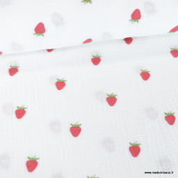 Tissu Double gaze brodée fraises fond blanc - oeko tex