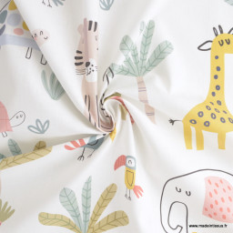 Tissu coton Savana motif GRANDS animaux de la savane fond blanc