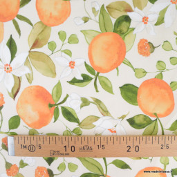 Popeline de coton motif oranges et fleurs d'orangers