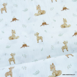 Double gaze Bio motif daims bambi et souche d'arbre fond blanc - oeko tex