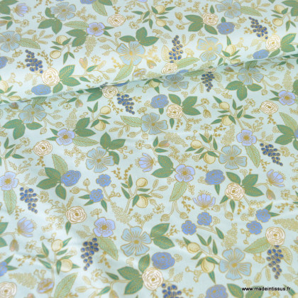 Tissu Rifle Paper Orchard motif petites fleurs métallisées fond vert menthe- Collection Garden Party